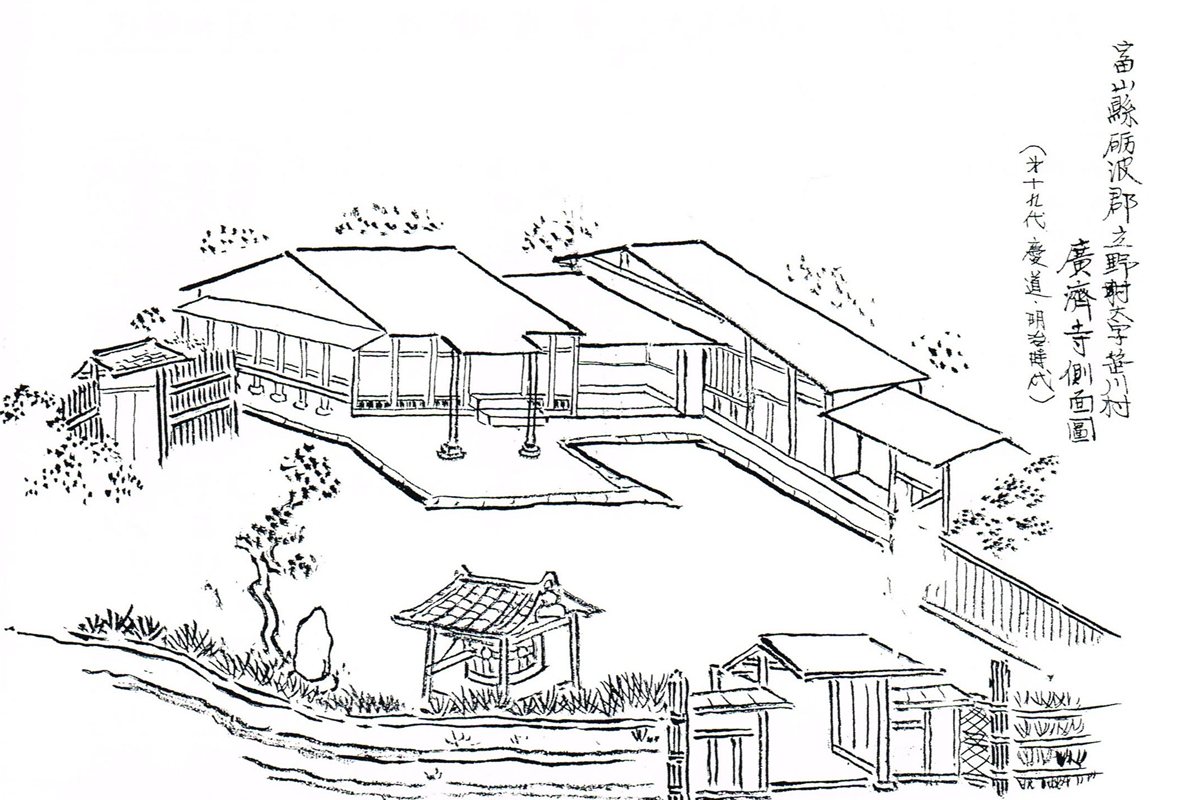 明治時代の広済寺の境内を描いた絵。奥に大きな屋根の建物が並び、手前に鐘楼と門、木々が描かれている